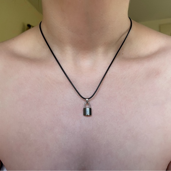 Silver Pad-Lock Cord Necklace - Picture 2 of 3